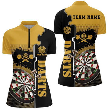 Geel en zwart dartsshirt met kwartrits voor dames - gepersonaliseerd dartshirt N472