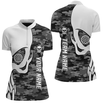 Grijs Camouflage Skull Darts 1/4 Zip Shirt voor dames - Gepersonaliseerde Dart Jersey P824