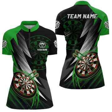 Groen en zwart Darts shirt met kwartrits voor dames - Gepersonaliseerde Cool Darts Jersey L868