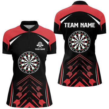 Love Darts rood-zwart shirt met 1/4 rits, cool dartshirt voor dames U71