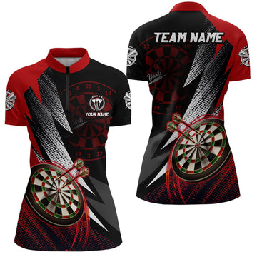 Rood Zwart Darts Shirt met kwartrits - Gepersonaliseerd cool Dartsshirt voor dames - Team Jersey M933