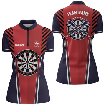 Rood en marineblauw Sport Darts shirt met kwartrits voor dames - Coole stijl, Dart Jersey D392