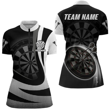 Zwart en wit Darts shirt met 1/4 rits - Gepersonaliseerde Cool Darts Team Jersey voor dames J609