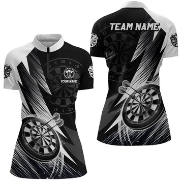 Zwart-wit Darts-shirt met 1/4 rits - Gepersonaliseerde coole dartjersey voor heren O5645