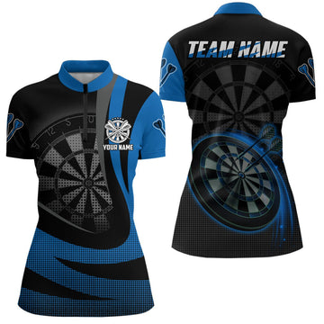 Zwart blauw 3D Darts shirt met kwartrits - Gepersonaliseerde Cool Darts Team Jersey voor dames X457