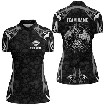 Women's Dart Jersey U878 - Personalized Black Grey Dart Skull Reaper 1/4 Zip Shirt