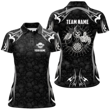 Zwart grijs Darts Skull Reaper poloshirt - Creepy Darts Jersey voor dames T6890