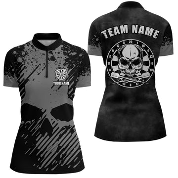 Gepersonaliseerd zwart grijs grunge darts shirt met kwartrits en schedel darts jersey voor dames R284