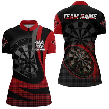 Zwart rood 3D Darts shirt met kwartrits - Gepersonaliseerde Cool Darts Team Jersey voor dames G161