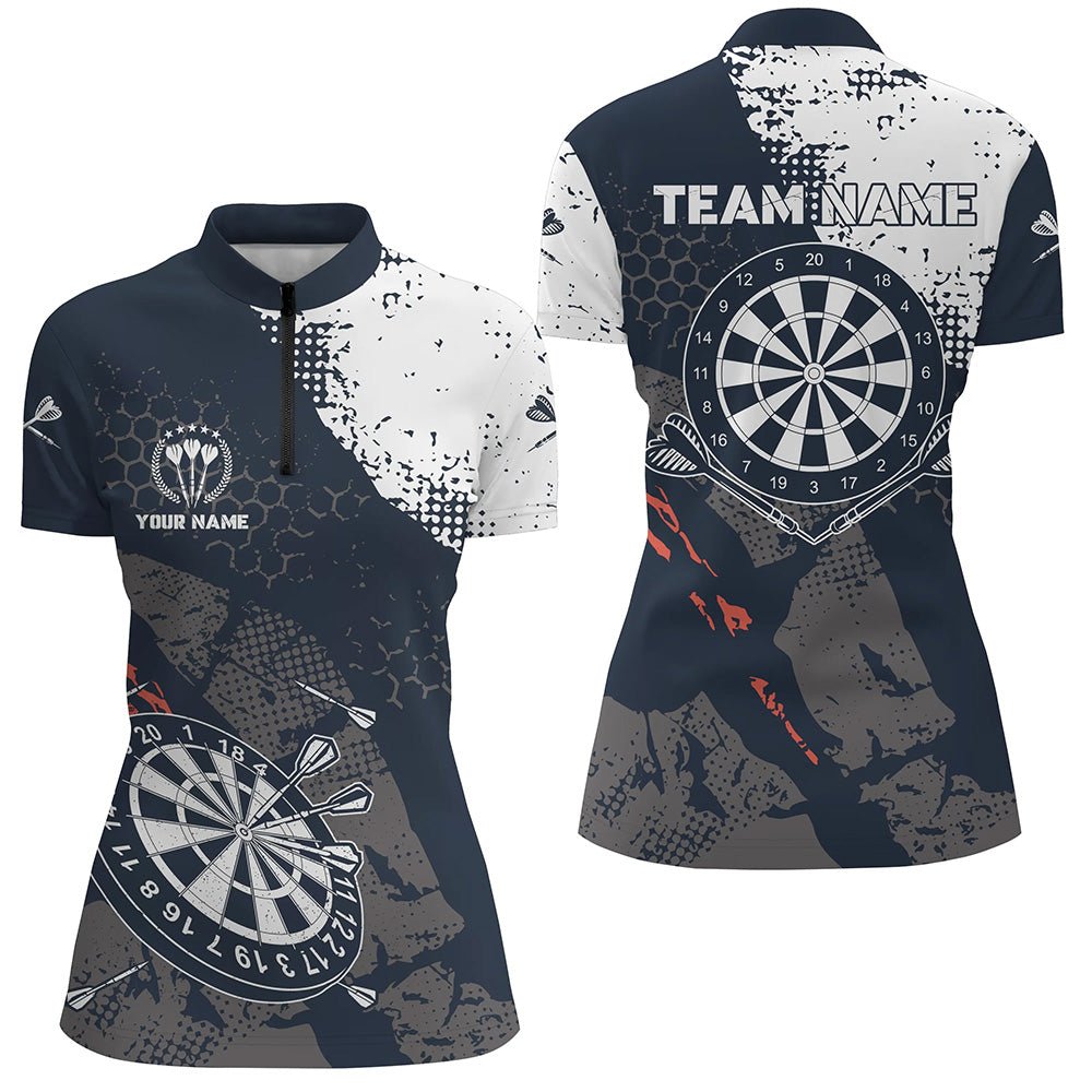 Retro Women's Darts 1/4 Zip Shirt with Custom Navy-White Pattern - Dart Team Jerseys for Women B885