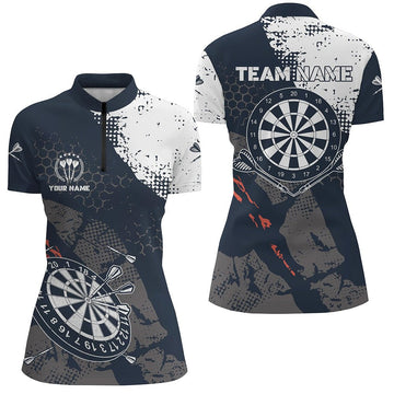 Retro damesdartsshirt met 1/4 rits en aangepast marineblauw-wit patroon - Dartteam-shirts voor dames B885