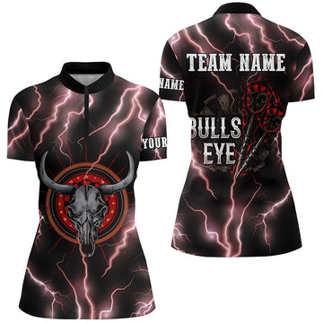 Bulls Eye Darts X532 damesshirt met 1/4 rits - Red Lightning Bull Skull Design