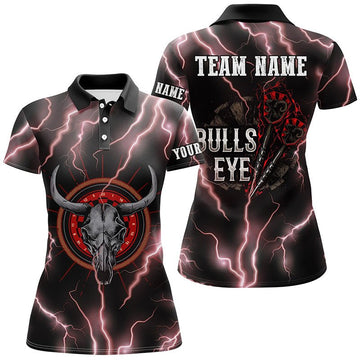 Dames dartpoloshirt - Rood Lightning Bull Skull Design - Darts Jersey N491