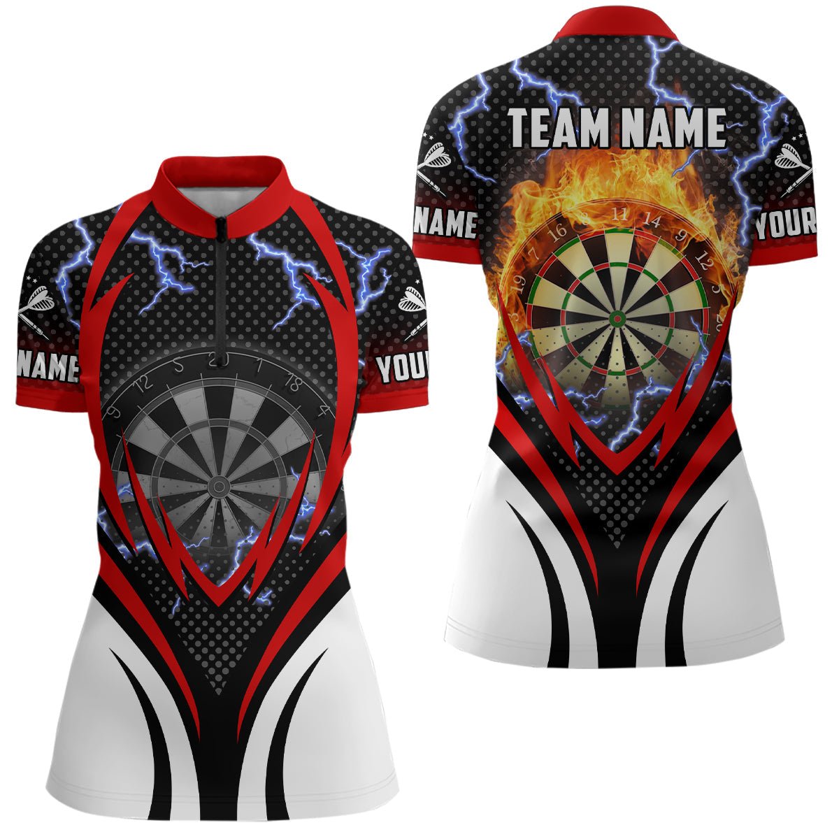 Women's Darts Quarter-Zip Shirt with Thunder and Lightning, Flame Design Dart Jersey - N425