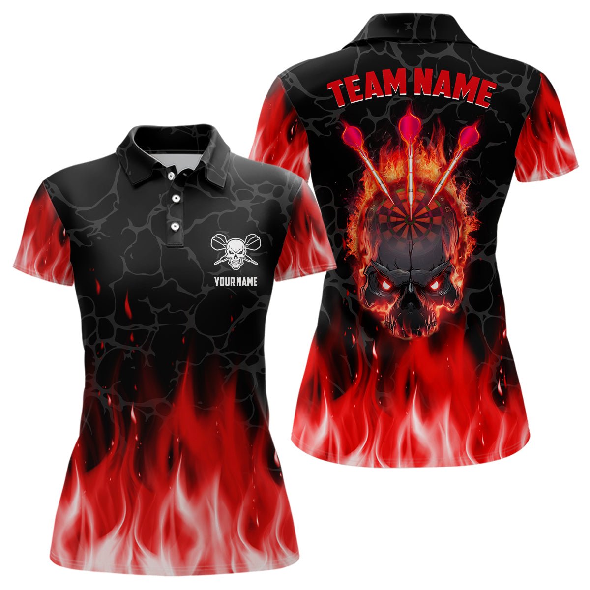 Women's Polo Shirt with Flame Skull Design - Scary Dart Shirt for Women - Dart Jerseys J506