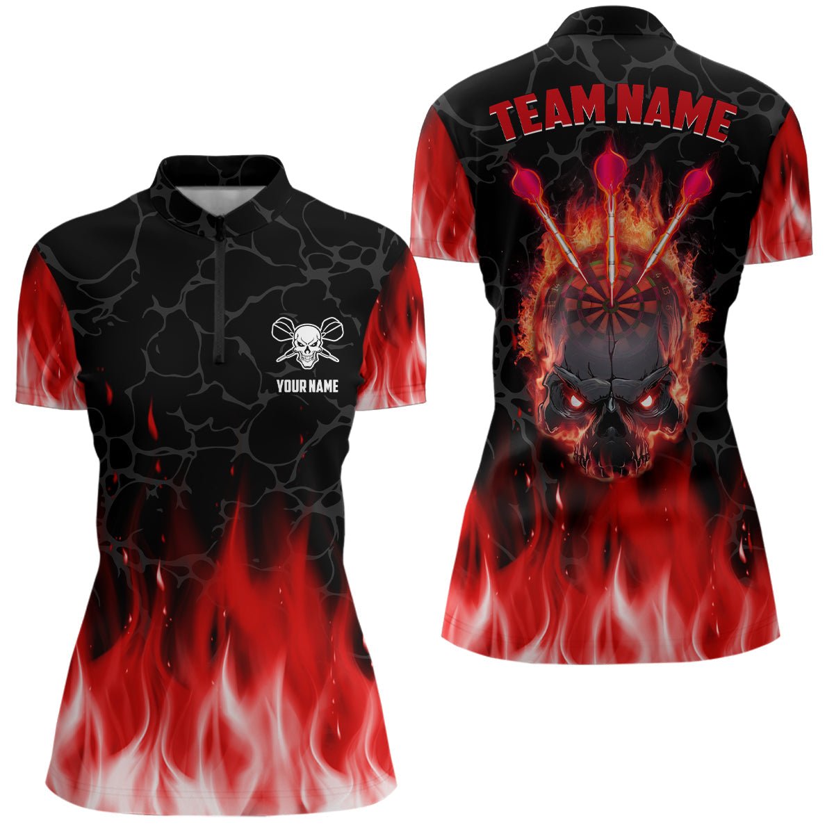 Scary Skull Dart 1/4 Zip Shirt for Women - Rotes Flammen Design, Perfect for Dart Jerseys T555