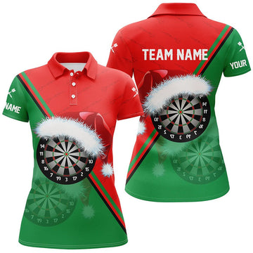 Rood en groen dartpoloshirt voor dames met kerstman-dartsbord - gepersonaliseerd dartshirt voor dames Y598