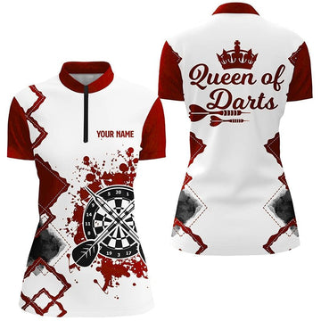 Rood-wit Darts-shirt met kwartrits voor dames - Cool Darts Jersey 'Queen of Darts' h7563