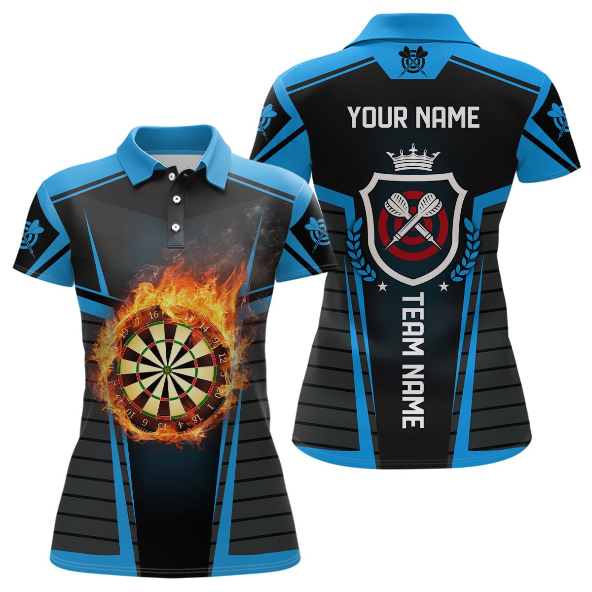 Black and Blue Women's Dart Shirt with Flame Design - and Cool Dart Shirt for Ladies - Dart Jersey L612