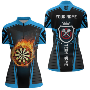 Zwart dartsshirt voor dames met vlammenmotief, dartsjersey met 1/4 rits E99