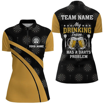 Zwart en geel Dart Team damesshirt met kwartrits - Dartshirt voor dames A205