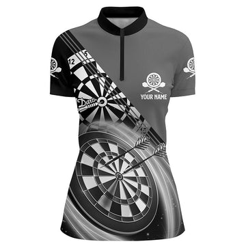 Zwart en grijs Darts-shirt met kwartrits en naam voor dames - Gepersonaliseerde Dart Jersey R447