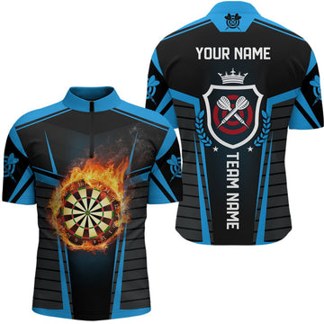 Black Men's Darts Shirt with Flame Design, 1/4 Zip Darts Jersey k170