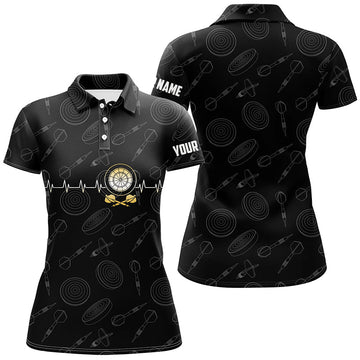 Black Polo Shirt with Darts Board Heart Beat Pattern - Darts Jersey for Women S630