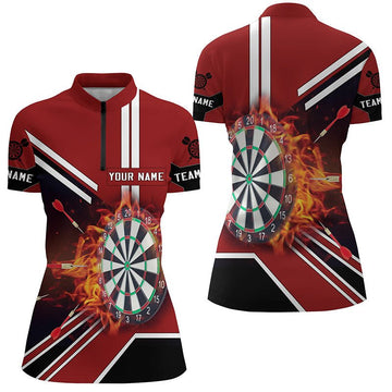 Black and Red Flame Dartboard 1/4 Zip Shirt for Women - Stylish Dart Jersey F843