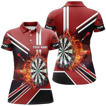 Women's Dartboard Polo Shirt with Black and Red Flames Design - Dart Jersey X606