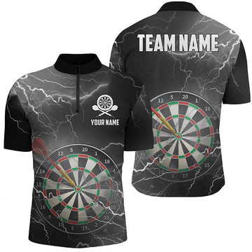 Zwart en grijs dartsshirt met kwartrits met bliksem en donder, dartsshirt voor heren N47