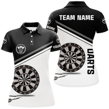 Zwart-wit dartpoloshirt met gepersonaliseerde naam - Dartjersey dames Q96