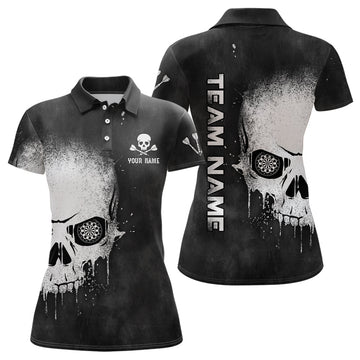 Black and White Darts Polo Shirt with Smoke Skull Design - Women's Dart Shirt - Spooky Dart Jerseys S589