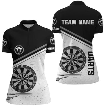 Dames dartshirt - Zwart en wit grunge ontwerp - gepersonaliseerd met naam - 1/4 ritssluiting - Dart Jersey W542