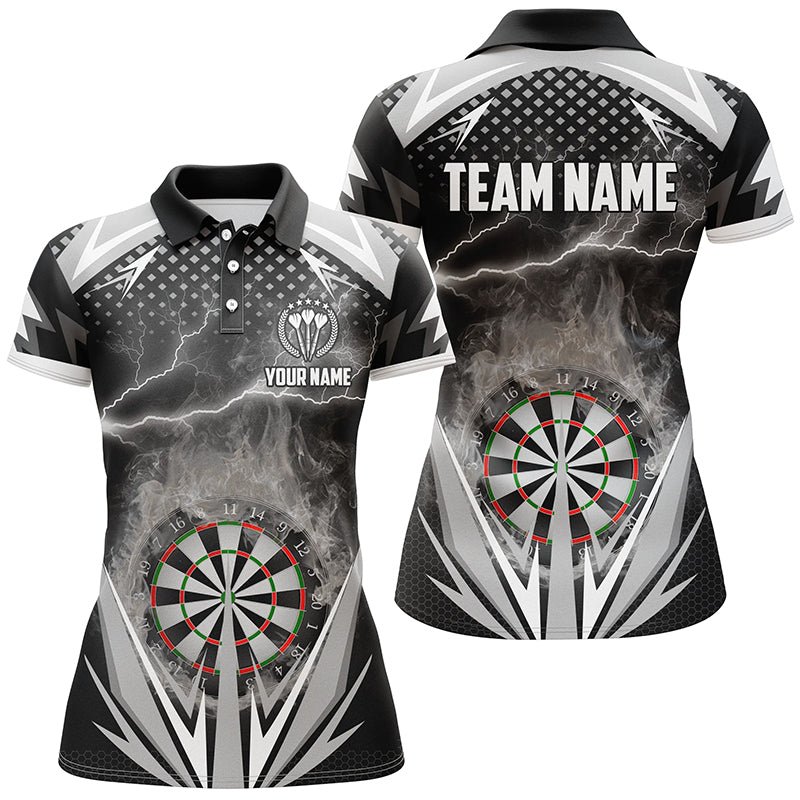 Women's Schwarzes & Weißes Thunder Flame Darts Polo Shirt - Dart Trikots N615